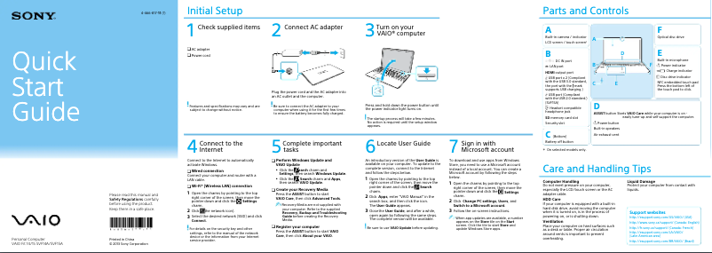 Page 1 de la notice Guide d'installation Sony Vaio Fit 15 SVF15A1ACXB