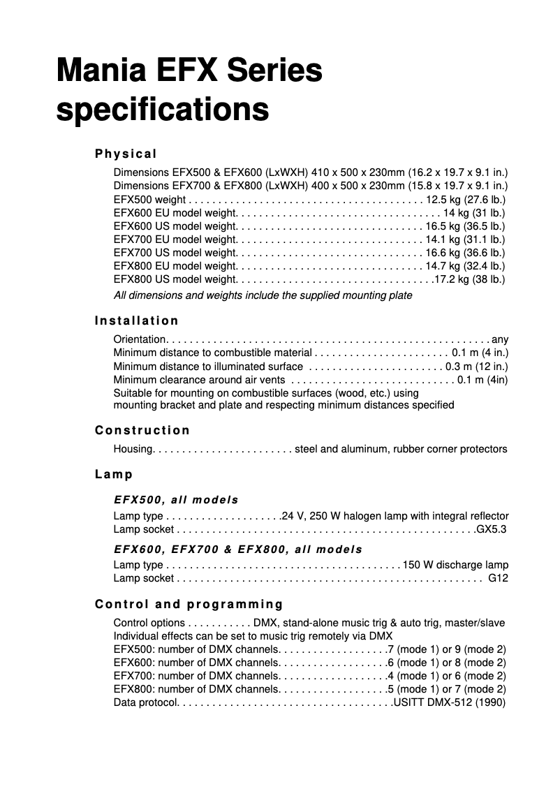 Page n°1 - Fiche technique Martin Mania EFX700