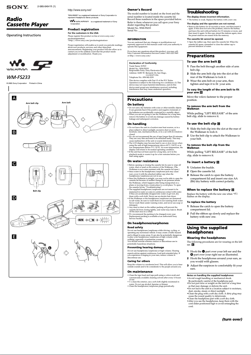 Image de la première page du manuel de l'appareil Walkman WM-FS233