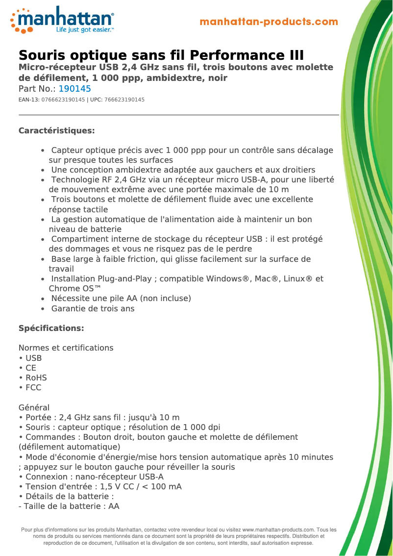 Page 1 de la notice Fiche technique Manhattan 190145