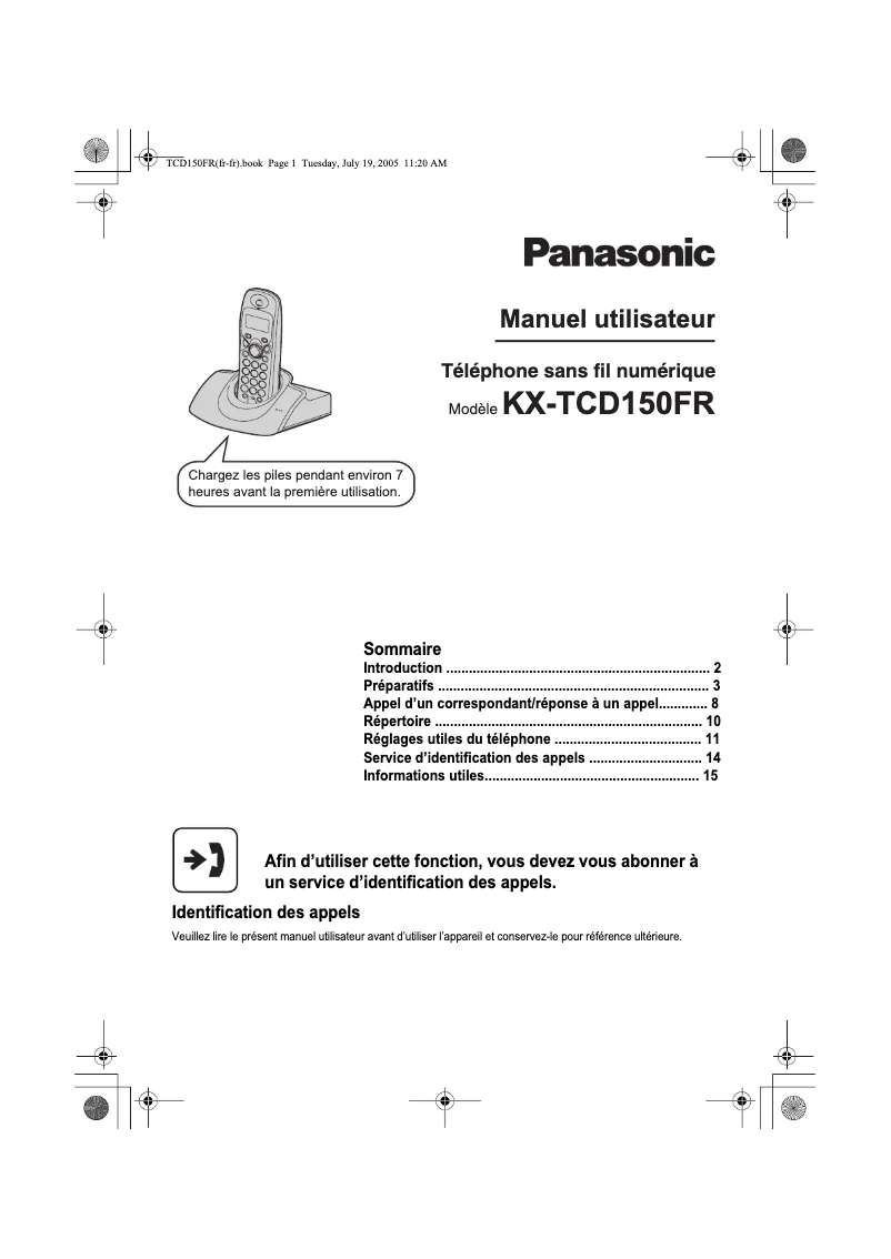 Page 1 de la notice Manuel utilisateur Panasonic KX-TCD150FR