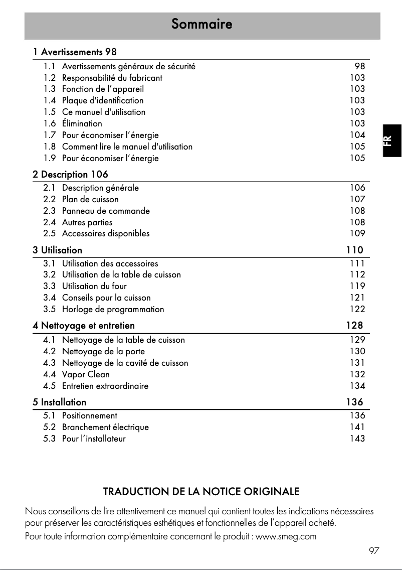 Page 1 de la notice Manuel utilisateur Smeg CG90IANT9