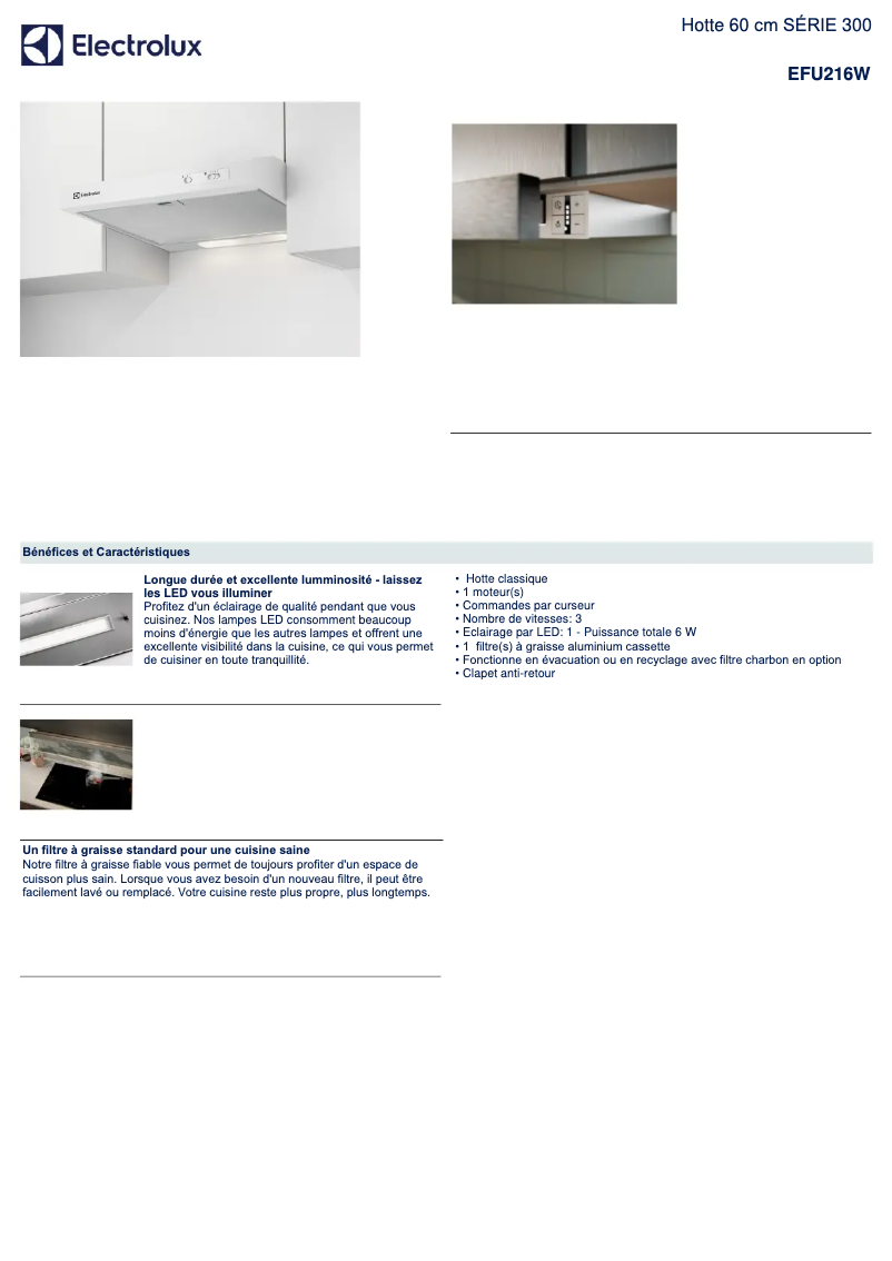 Page n°1 - Fiche technique Electrolux EFU216W