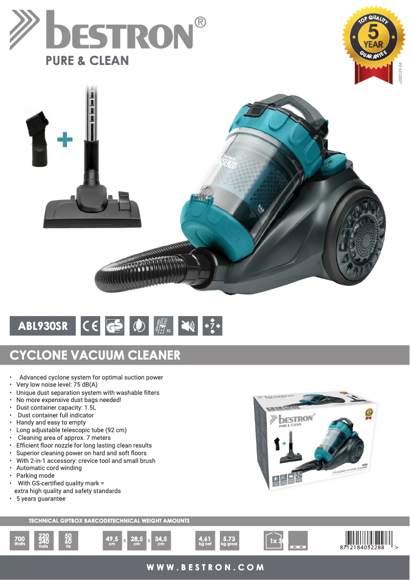 Page 1 de la notice Fiche technique Bestron Ecosenzo Plus ABL930SR