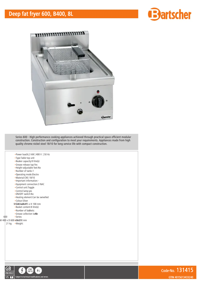 Page 1 de la notice Manuel utilisateur Bartscher 131415