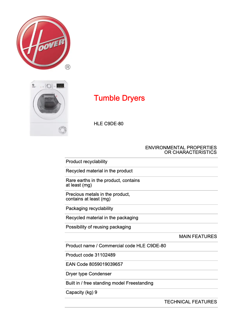 Page n°1 - Fiche technique Hoover HLE C9DE-80