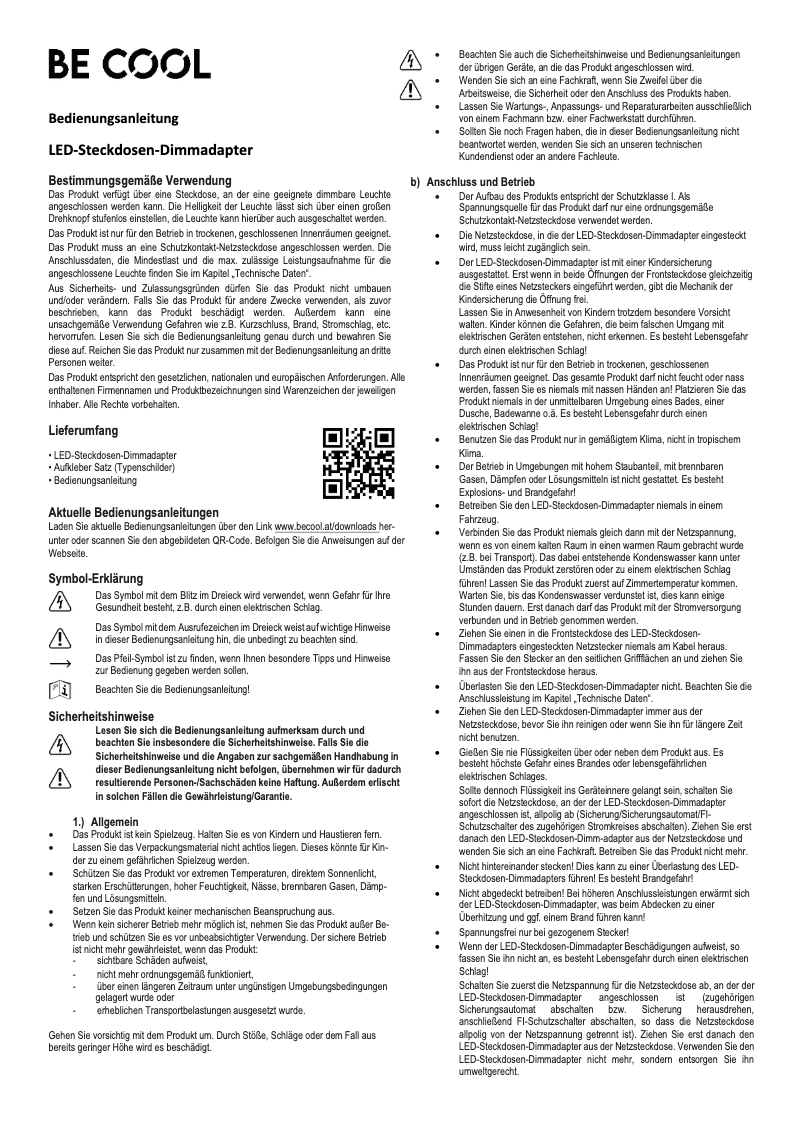 Page n°1 - Manuel utilisateur Be Cool BC23LEDSDS