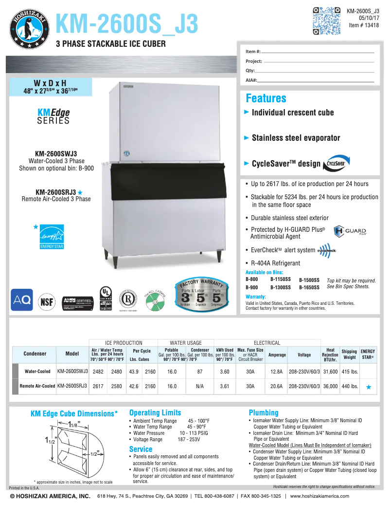 Page 1 de la notice Fiche technique Hoshizaki KM-2600SWJ3