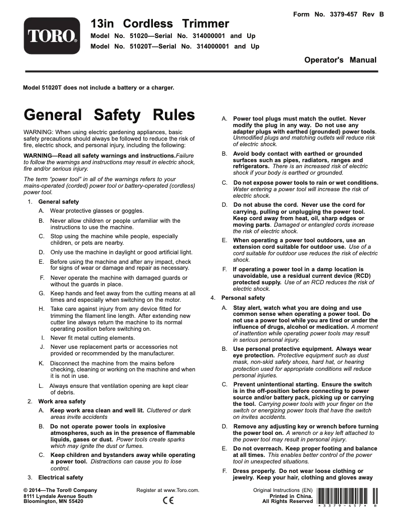 Page 1 de la notice Manuel utilisateur Toro i51020