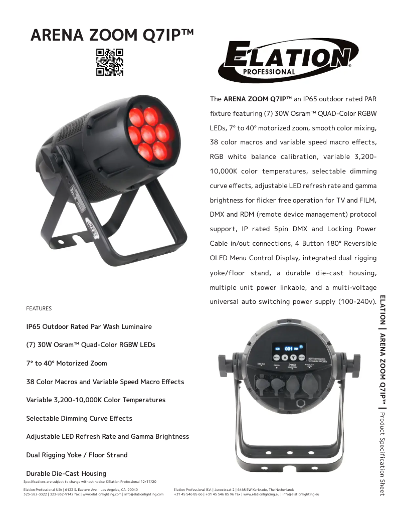 Page n°1 - Fiche technique Elation Arena Zoom Q7IP