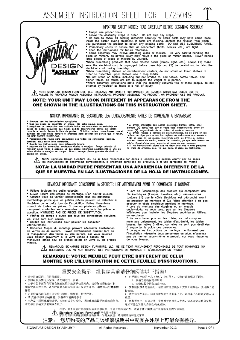 Page n°1 - Manuel utilisateur Signature Design by Ashley L725049