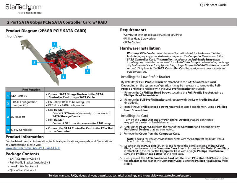Page 1 de la notice Manuel utilisateur StarTech.com 2P6GR-PCIE-SATA-CARD