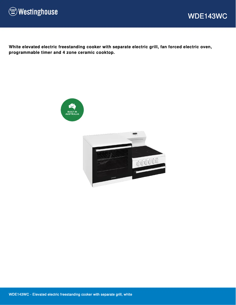 Page 1 de la notice Fiche technique Westinghouse WDE143WC