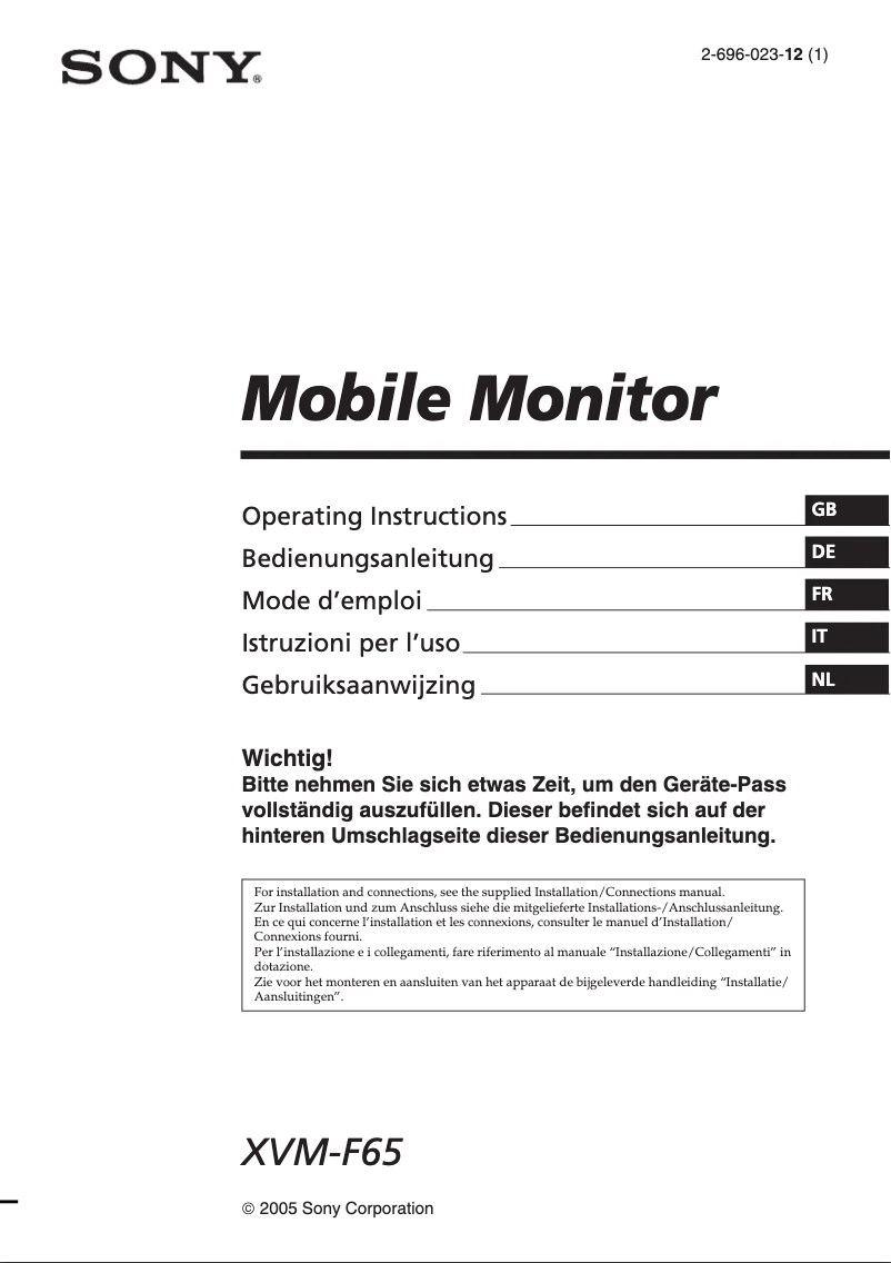 Page n°1 - Manuel utilisateur Sony XVM-F65