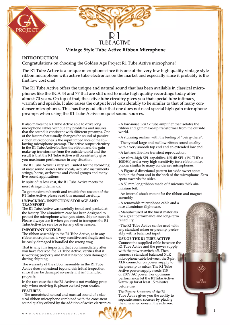 Page n°1 - Manuel utilisateur Golden Age Project R1 Tube Active