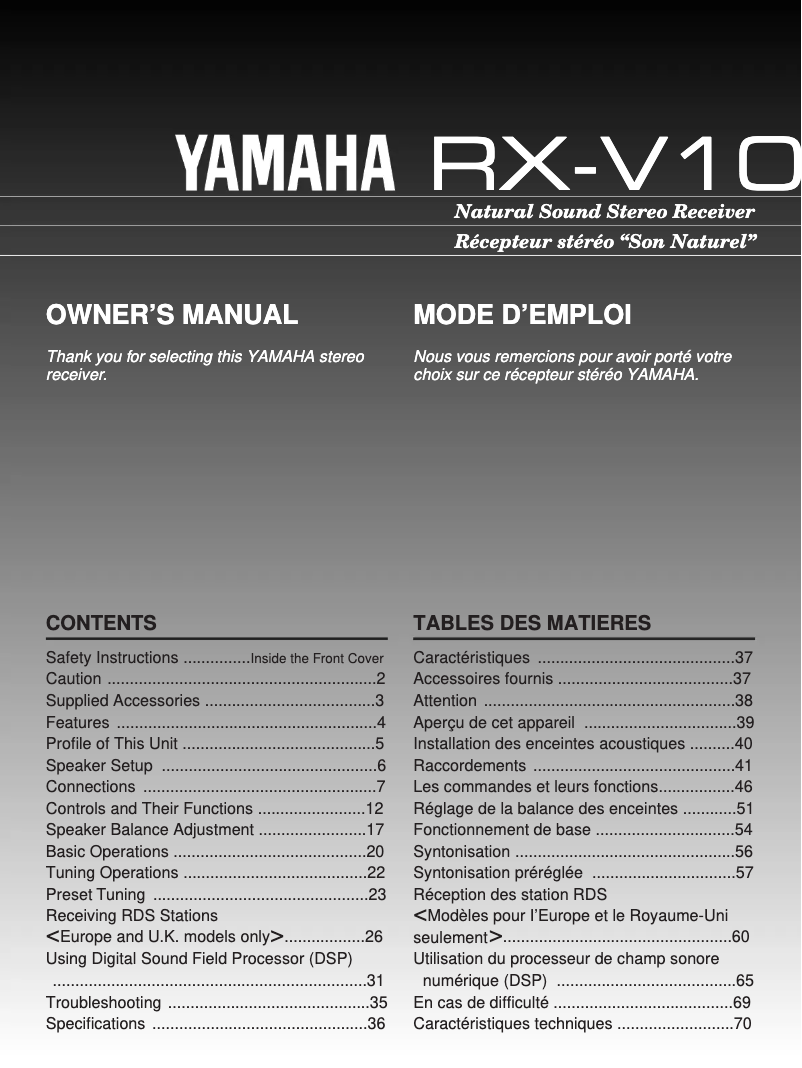 Page 1 de la notice Manuel utilisateur Yamaha RX-V10