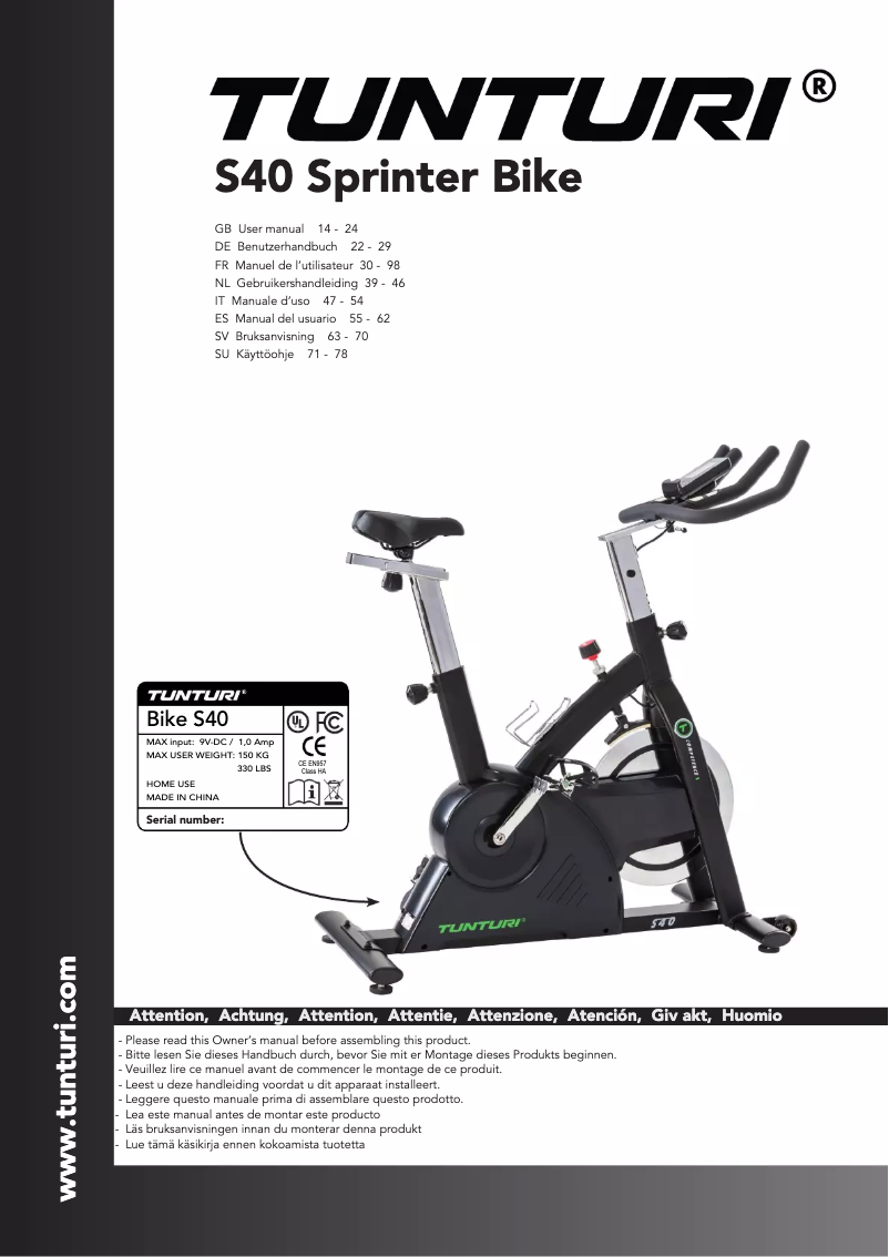 Page n°1 - Manuel utilisateur Tunturi Sprinter Bike Competence S40