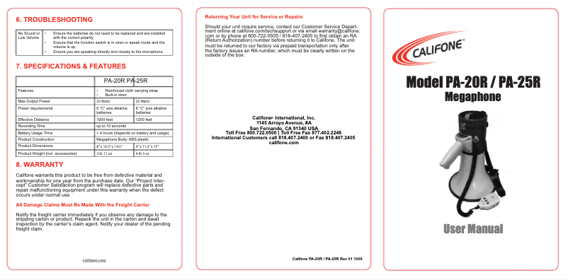 Page 1 of the manual User Manual Califone PA20R