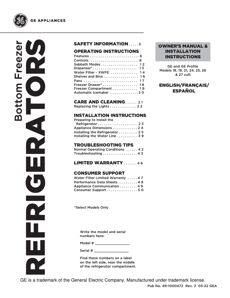 Page 1 de la notice Fiche technique GE GDE21EYKFS