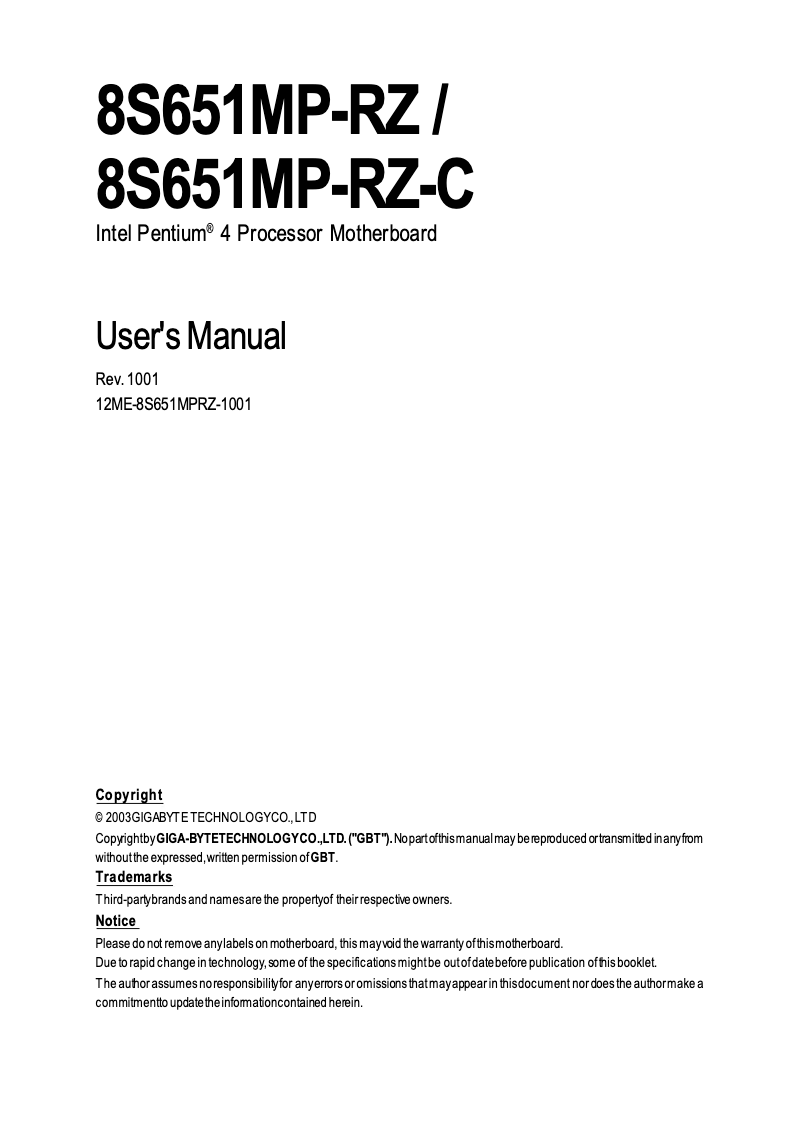 Page n°1 - Manuel utilisateur Gigabyte 8S651MP-RZC