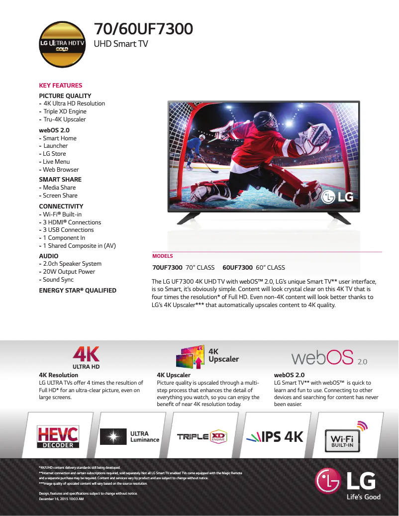 Page n°1 - Fiche technique LG 70UF7300