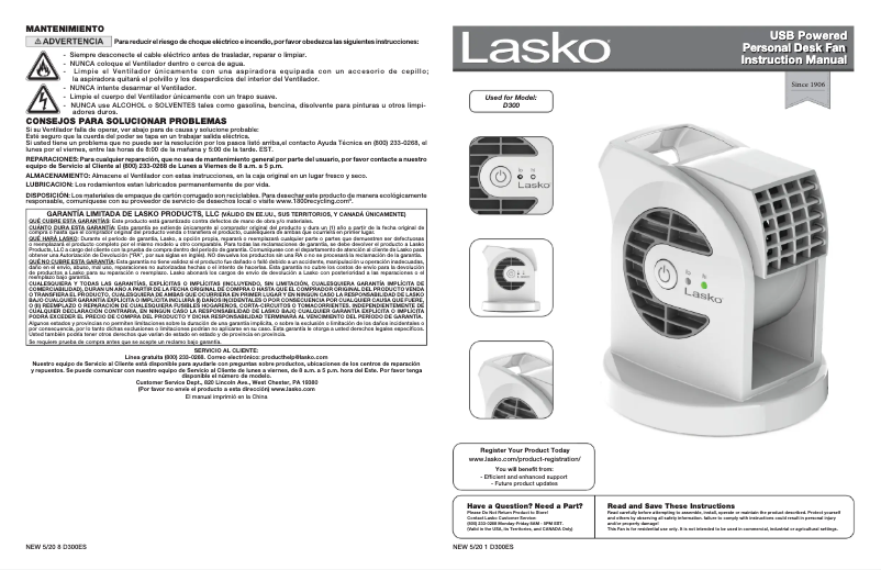 Page 1 de la notice Manuel utilisateur Lasko MyCool Mini Blower D300