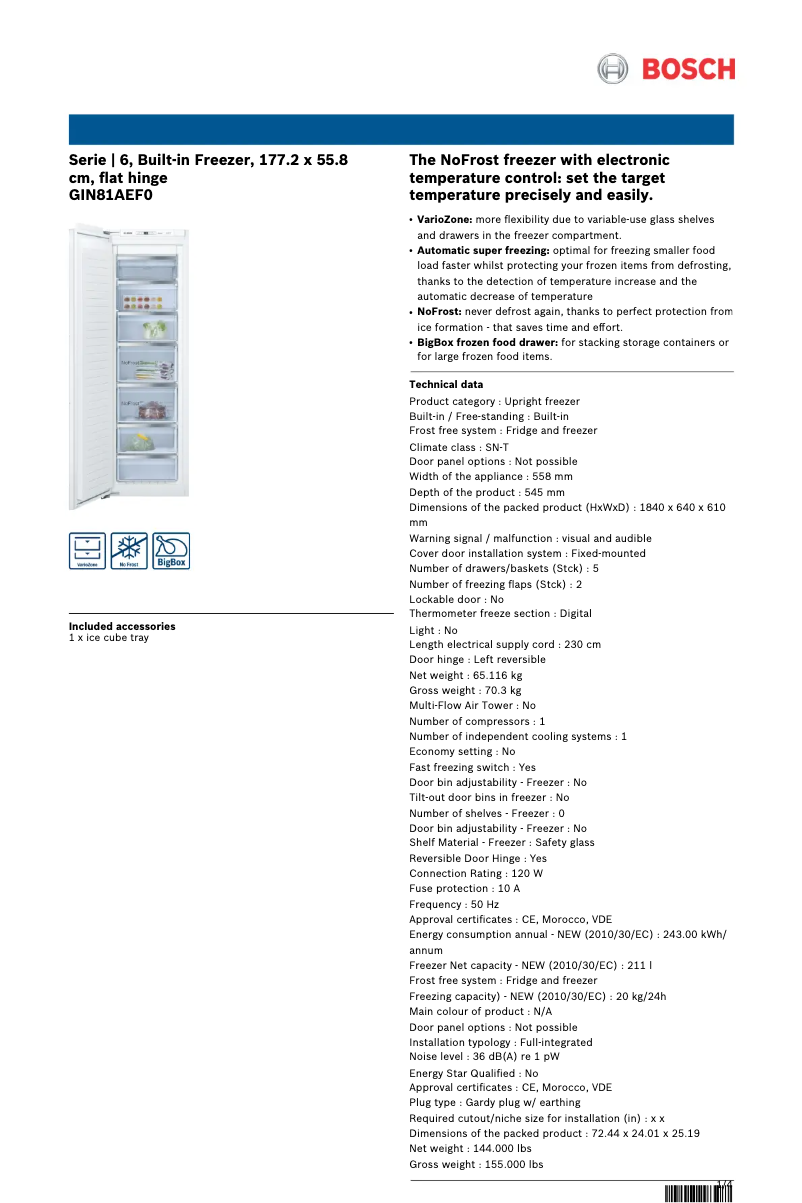 Page 1 de la notice Fiche technique Bosch GIN81AEF0