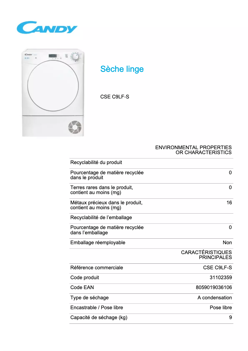 Page n°1 - Fiche technique Candy CSE C9LF-S