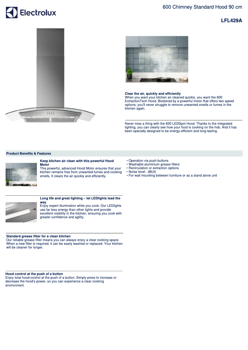 Page 1 de la notice Fiche technique Electrolux LFL429A