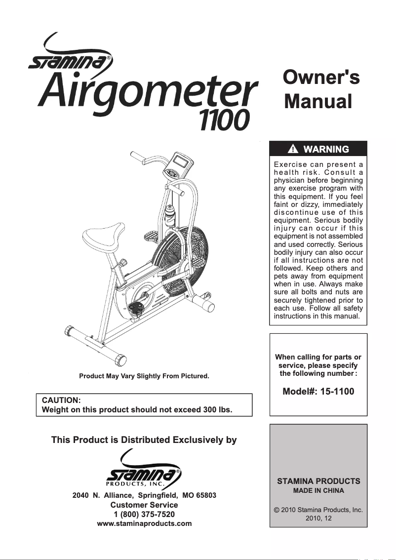Page n°1 - Manuel utilisateur Stamina Airgometer 1100