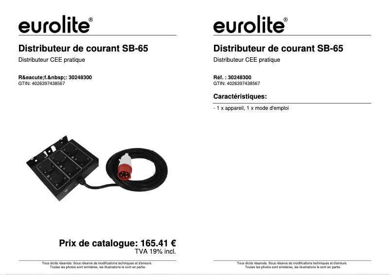 Page 1 de la notice Fiche technique Eurolite SB-65