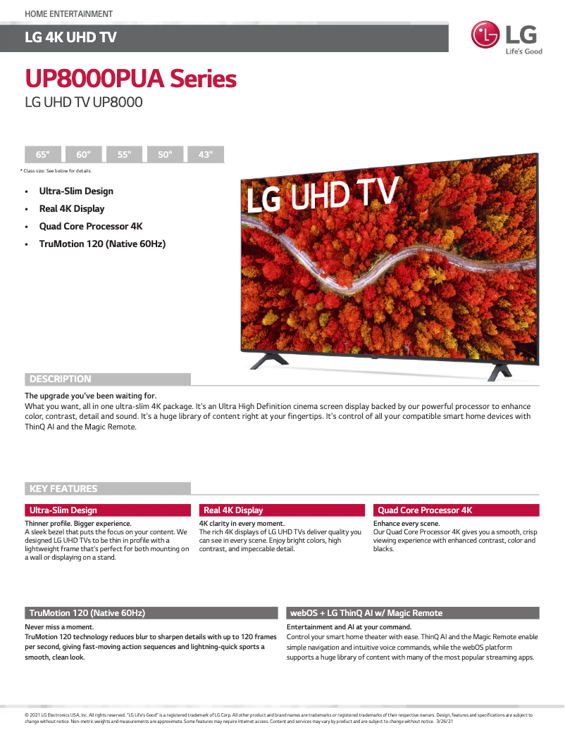 Page 1 de la notice Fiche technique LG 50UP8000PUR