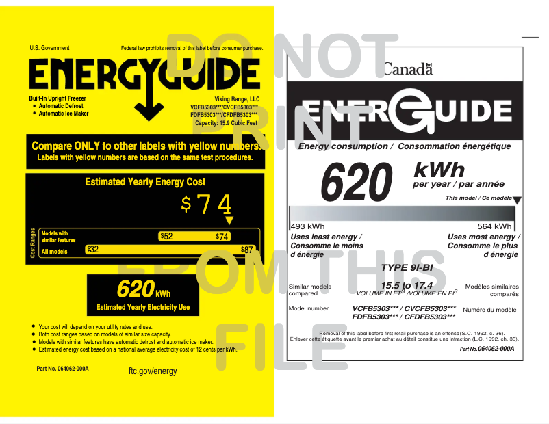 Page 1 de la notice Label énergétique Viking VCFB5303RWH
