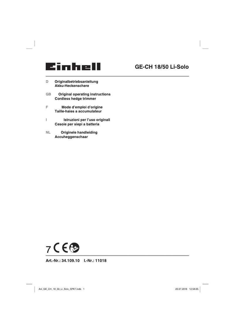 Page n°1 - Manuel utilisateur Einhell GE-CH 18/50 Li-Solo