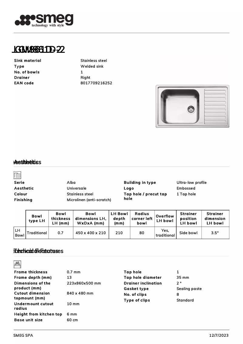 Page n°1 - Fiche technique Smeg LGM861D-2