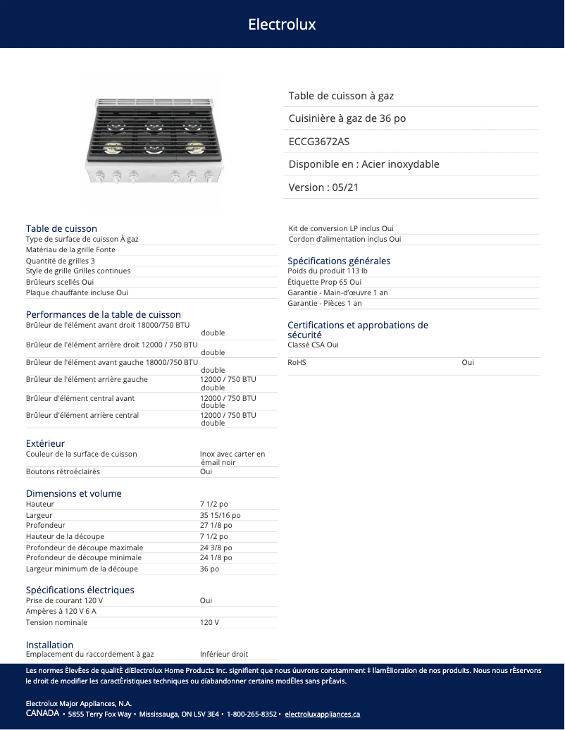 Page n°1 - Fiche technique Electrolux ECCG3672AS