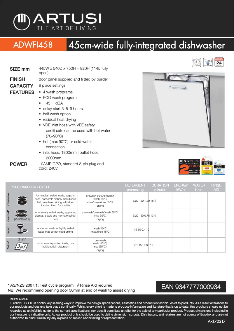 Page 1 de la notice Fiche technique Artusi ADWFI458