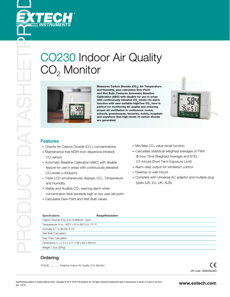 Page n°1 - Fiche technique Extech CO230