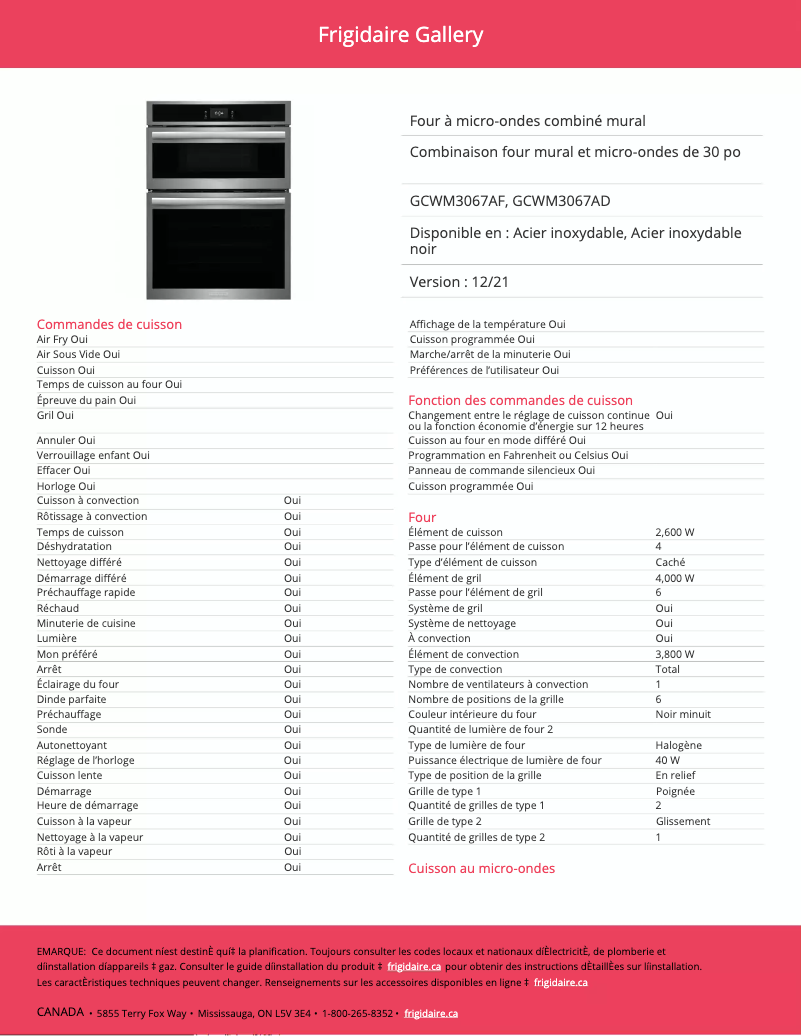 Page 1 de la notice Fiche technique Frigidaire GCWM3067AF
