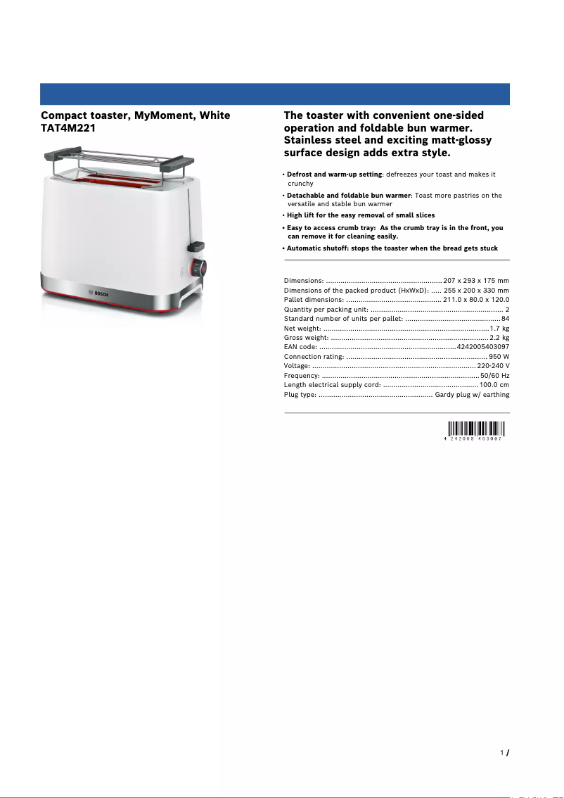 Page 1 de la notice Fiche technique Bosch TAT4M221