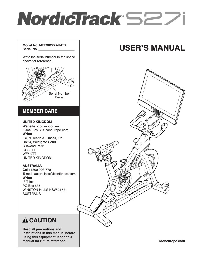 Page n°1 - Manuel utilisateur NordicTrack Commercial S27i
