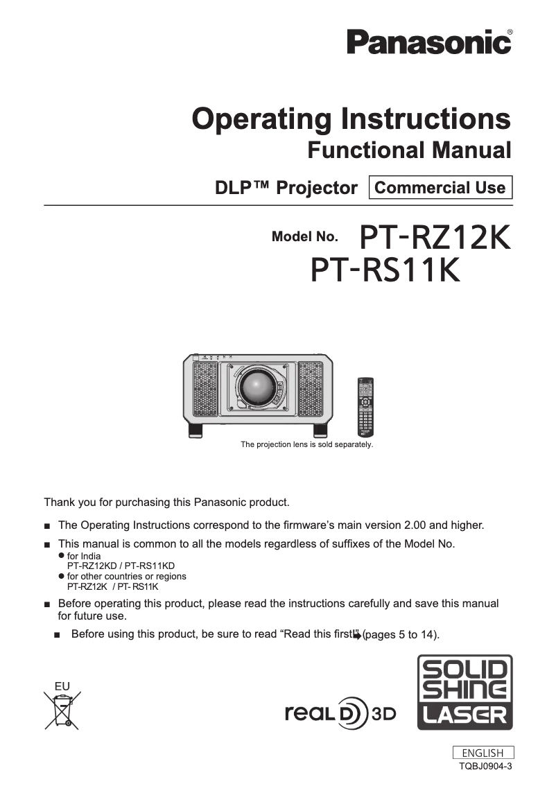 Page 1 de la notice Manuel utilisateur Panasonic PT-RS11K
