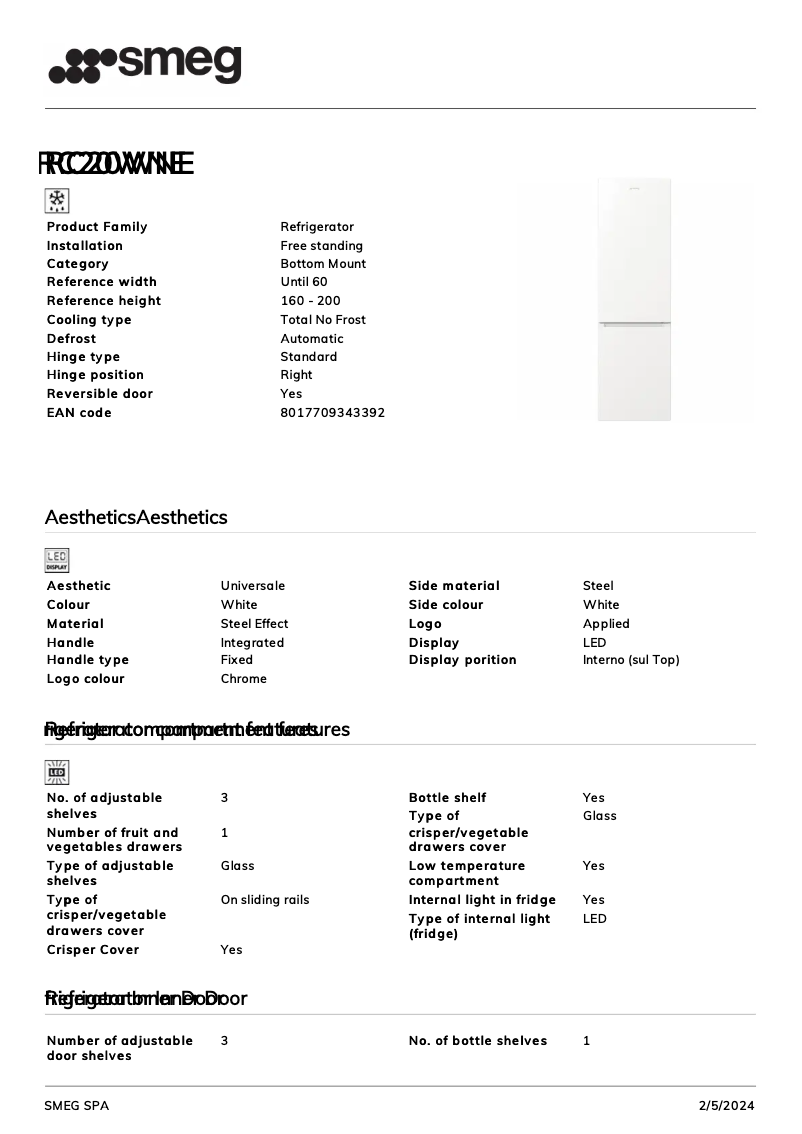 Page 1 de la notice Fiche technique Smeg RC20WNE
