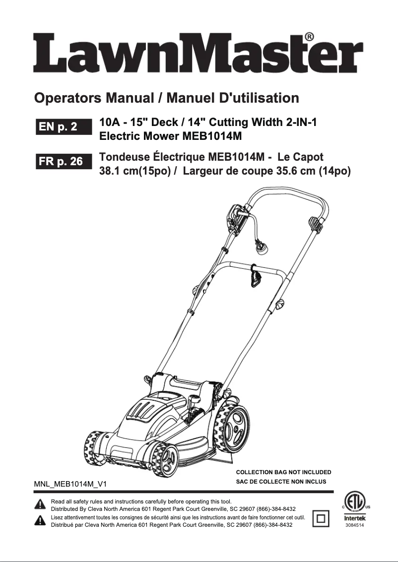Page n°1 - Manuel utilisateur LawnMaster MEB1014M