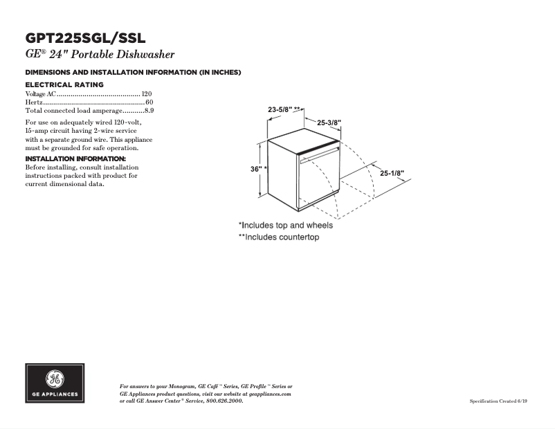 Page n°1 - Fiche technique GE GPT225SSLSS