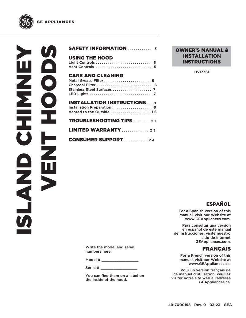 Page 1 de la notice Manuel utilisateur GE UVI7361SWSS