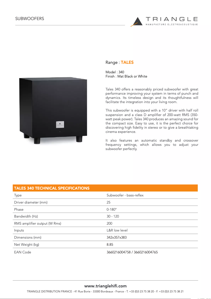 Page 1 de la notice Fiche technique Triangle Tales 340