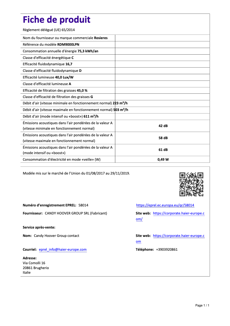 Page n°1 - Fiche technique Rosieres RDM 9000 LPN