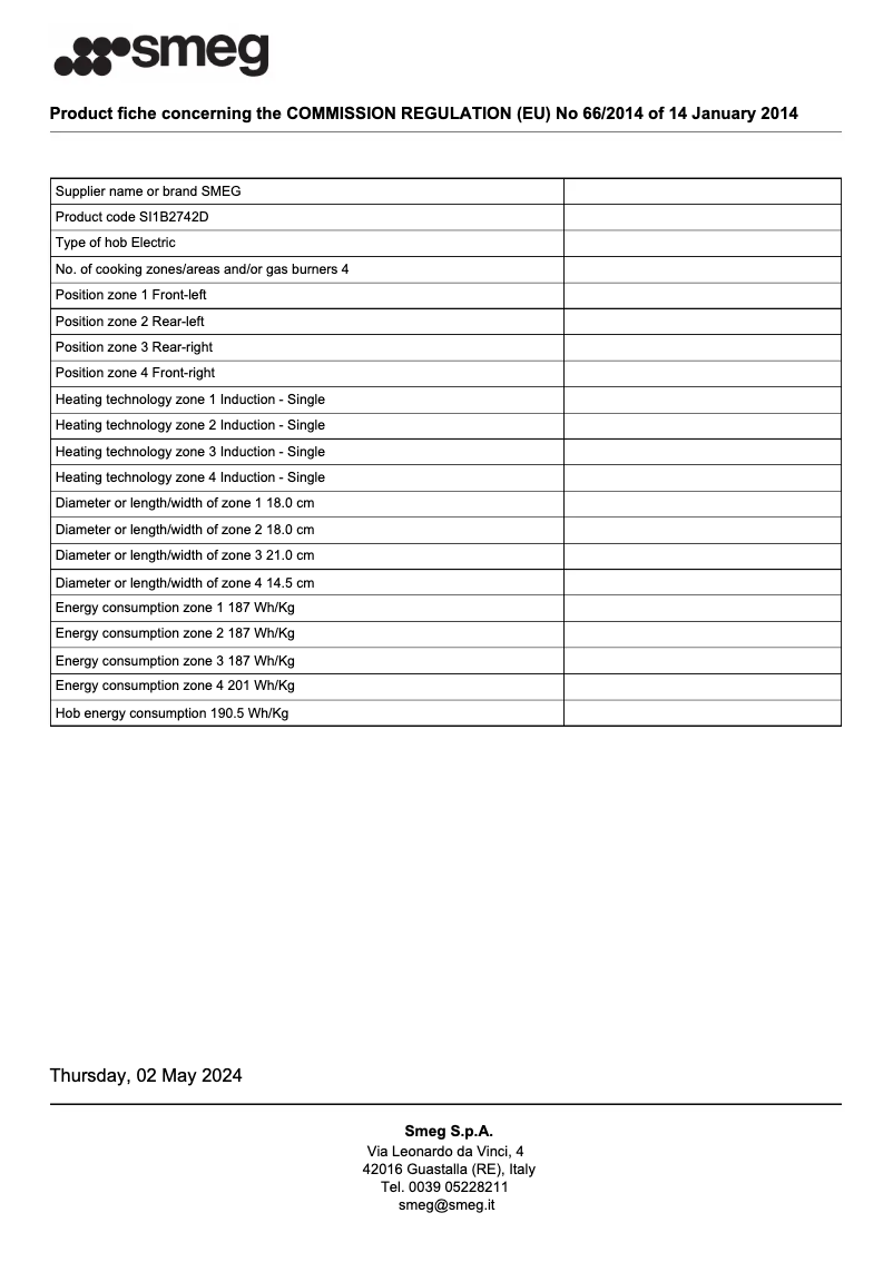 Page 1 de la notice Fiche technique Smeg SI1B2742D