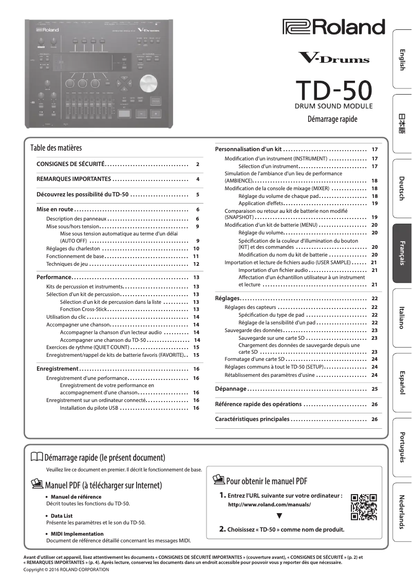 Page n°1 - Guide de démarrage rapide Roland TD-50KVX